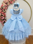 Vestido Infantil Azul Claro Busto C/ Strass Saia Babados Daminhas