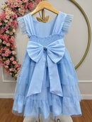 Vestido Infantil Azul Claro Busto C/ Strass Saia Babados Daminhas