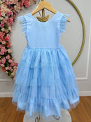 Vestido Infantil Azul Claro Busto C/ Strass Saia Babados Daminhas