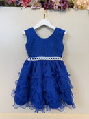Vestido Infantil Azul Royal Saia C/ Babados e Glitter Daminha