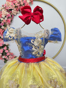 Vestido Infantil Branca de Neve Renda Metalizada Dourada