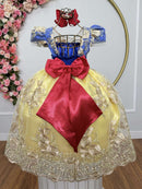 Vestido Infantil Branca de Neve Renda Metalizada Dourada