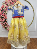 Vestido Infantil Branca de Neve Renda Metalizada Dourada