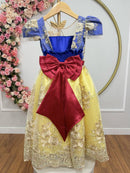 Vestido Infantil Branca de Neve Renda Metalizada Dourada