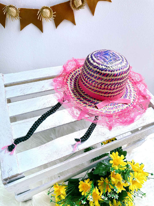 Chapéu de Palha Infantil Junino Colorido Com Renda Rosa e Trança Preta Tamanho Único 19