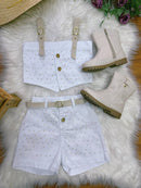 Conjunto Infantil Blusa e Short Sarja Branco Boiadeira Casual