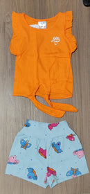 Conjunto Meninas Blusa Amarradinha Laranja e Shorts Estampa Colorida