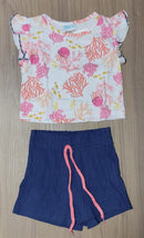 Conjunto Meninas Blusa Cropped Fundo do Mar e Shorts Fru-Fru