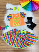 Conjunto Meninas Junino Cropped Laranja Neon Com Saia Colorida