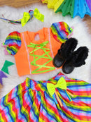Conjunto Meninas Junino Cropped Laranja Neon Com Saia Colorida