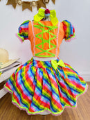 Conjunto Meninas Junino Cropped Laranja Neon Com Saia Colorida