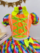Conjunto Meninas Junino Cropped Laranja Neon Com Saia Colorida