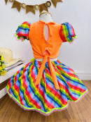 Conjunto Meninas Junino Cropped Laranja Neon Com Saia Colorida