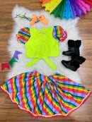 Conjunto Meninas Junino Cropped Verde Neon Com Saia Colorida
