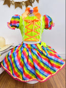 Conjunto Meninas Junino Cropped Verde Neon Com Saia Colorida