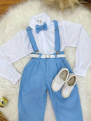 Conjunto Social Camisa Gravata Calça e Suspensório Azul Claro