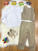Conjunto Social Pajem Camisa Branca Calça e Colete Caqui