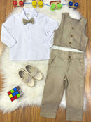 Conjunto Social Pajem Camisa Branca Calça e Colete Caqui