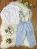 Conjunto Social Pajem Camisa Branca Calça e Susp. Azul Claro