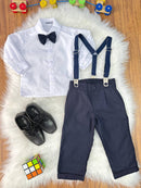 Conjunto Social Pajem Camisa Branca Calça e Susp. Azul Escuro