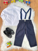 Conjunto Social Pajem Camisa Branca Calça e Susp. Azul Escuro