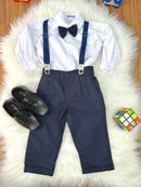 Conjunto Social Pajem Camisa Branca Calça e Susp. Azul Escuro