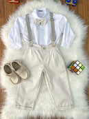 Conjunto Social Pajem Camisa Branca Calça e Susp. Bege