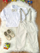 Conjunto Social Pajem Camisa Branca Calça e Susp. Bege