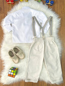 Conjunto Social Pajem Camisa Branca Calça e Susp. Bege