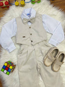 Conjunto Social Pajem Camisa Branca Calça Gravata e Colete Bege