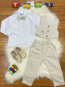 Conjunto Social Pajem Camisa Branca Calça Gravata e Colete Bege
