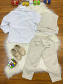 Conjunto Social Pajem Camisa Branca Calça Gravata e Colete Bege
