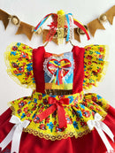 Romper Junino Amarelo Colorido Com Laço de Chapéuzinho