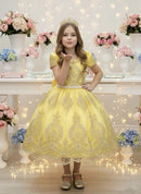 Vestido Infantil Amarelo C/ Renda Dourada Realeza Festas