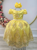 Vestido Infantil Amarelo C/ Renda Dourada Realeza Festas