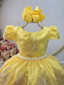 Vestido Infantil Amarelo C/ Renda Dourada Realeza Festas