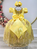 Vestido Infantil Amarelo C/ Renda Dourada Realeza Festas