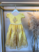 Vestido Infantil Amarelo C/ Renda Dourada Realeza Festas