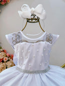 Vestido Infantil Branco com Pérolas Saia C/ Glitter Daminhas