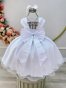 Vestido Infantil Branco com Pérolas Saia C/ Glitter Daminhas