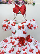 Vestido Infantil Branco Estampa Cereja Broche Daminhas Festas