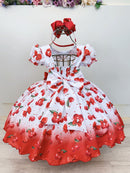 Vestido Infantil Branco Estampa Cereja Broche Daminhas Festas