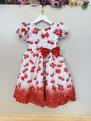 Vestido Infantil Branco Estampa Cereja Broche Daminhas Festas