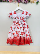 Vestido Infantil Branco Estampa Cereja Broche Daminhas Festas