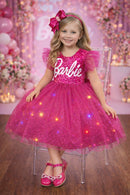 Vestido infantil da Barbie Pink Saia Com Leds Festas