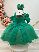 Vestido Infantil de Alça Verde Saia C/ Glitter e Broche Festas