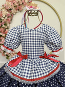 Vestido Infantil Junino Arraiá Azul Marinho Xadrez Laços