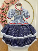 Vestido Infantil Junino Arraiá Azul Marinho Xadrez Laços