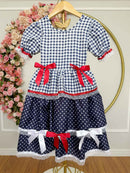 Vestido Infantil Junino Arraiá Azul Marinho Xadrez Laços