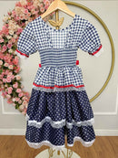 Vestido Infantil Junino Arraiá Azul Marinho Xadrez Laços